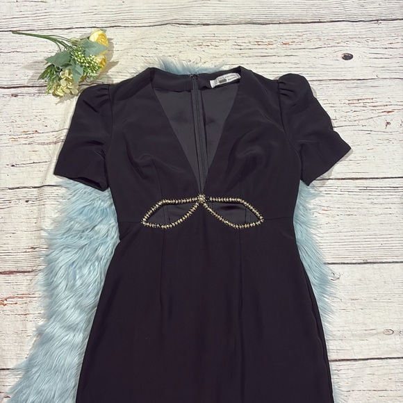 Mac Duggal Embellished Cutout Gown rhinestone puff sleeve bow black maxi - Picture 8 of 10